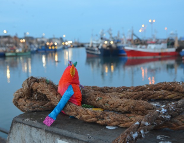 Bo, the rainbow coloured stuffed monster is sitting amongst the coils of a large rope. He is looking out over a harbour in the evening, many fishing boats with some of their lights on. 
